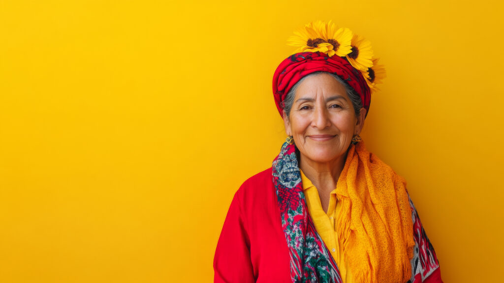 Portrait of smiling elderly latin american woman in traditional colorful clothing